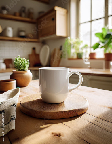 A plain white coffee mug featuring a matte finish, elegantly positioned on a rustic wooden table, showcasing the natural grain and texture of the wood, creating a cozy and inviting atmosphere