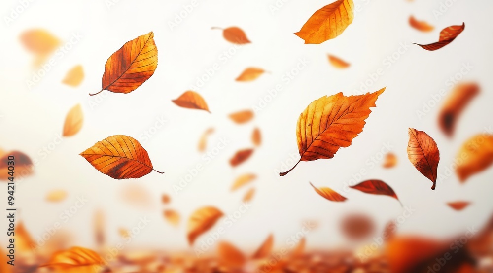 The beautiful autumn leaves, with their vibrant colors, are gracefully floating down against a soft, white backdrop, which creates a serene and tranquil atmosphere that is truly captivating The beautiful autumn leaves, with their vibrant colors, are gracefully floating down against a soft, white backdrop, which creates a serene and tranquil atmosphere that is truly captivating