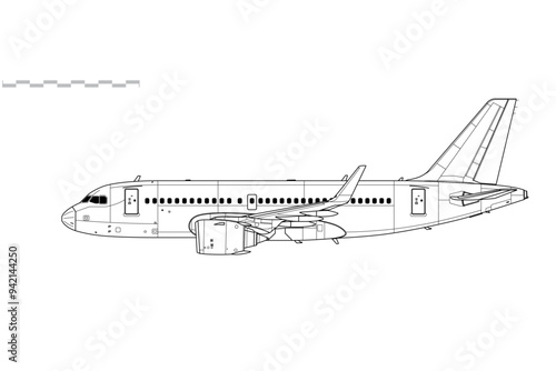 Airbus A319 NEO. Vector drawing of short-range, passenger jet airliner. Side view. Image for illustration and infographics