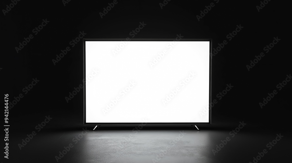 Modern flat-screen TV with a white mockup display in a dark room. The bright screen contrasts sharply with the black surroundings, emphasizing the sleek design and minimalist aesthetics Modern flat-screen TV with a white mockup display in a dark room. The bright screen contrasts sharply with the black surroundings, emphasizing the sleek design and minimalist aesthetics