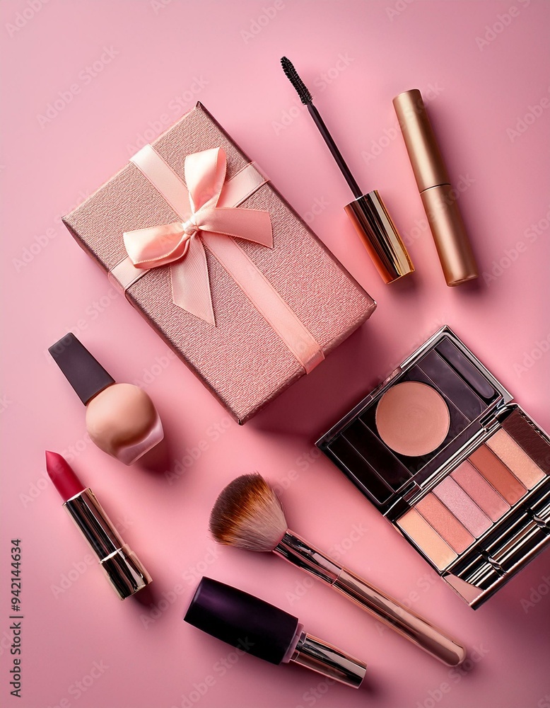 An image of makeup cosmetics and a gift box on a light pink background, make up present for online shop concept An image of makeup cosmetics and a gift box on a light pink background, make up present for online shop concept