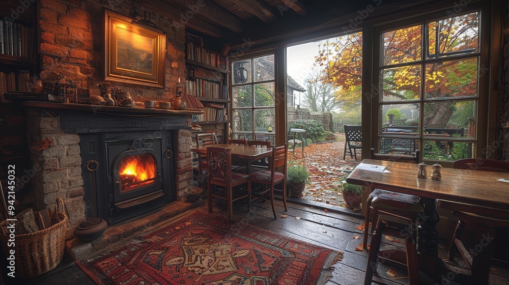 A cozy interior of a rustic room with a warm fireplace and bookshelves, overlooking a serene and picturesque autumn garden through large windows, creating a peaceful ambiance A cozy interior of a rustic room with a warm fireplace and bookshelves, overlooking a serene and picturesque autumn garden through large windows, creating a peaceful ambiance