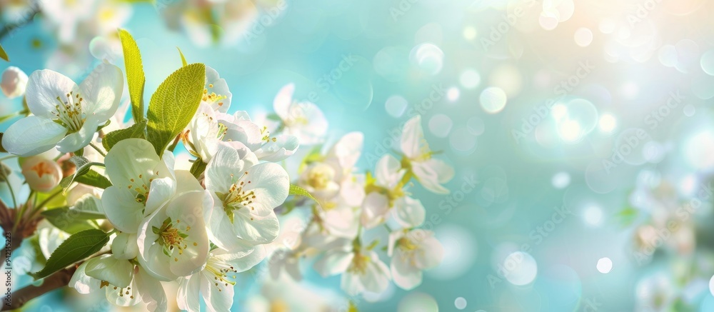 Fototapeta premium White Blossom Apple Tree In Blue Sky Spring Background With Space For Advertising And Text Apple Tree Blossom On May Spring Background Spring Card