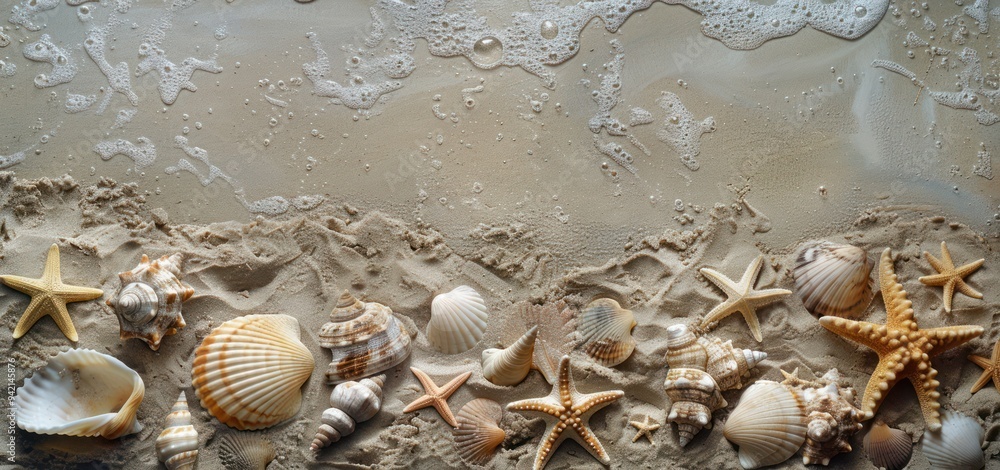 Seashells and Starfish on Sandy Beach Seashells and Starfish on Sandy Beach