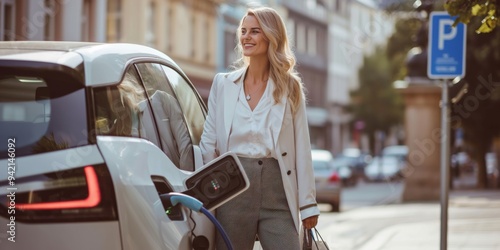 A stylish woman in a city is recharging her electric car at a station, showcasing contemporary sustainable living. This exemplifies the ecoconscious urban lifestyle and modern technology photo