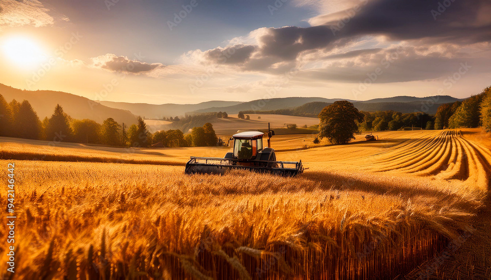 Naklejka premium A scenic farm landscape in the fall features golden fields of wheat ready for harvest. The vibrant autumn foliage frames the horizon, creating a picturesque rural scene filled with warmth and tranquil