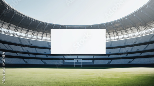 Empty sports stadium with a large blank billboard at the center, surrounded by rows of seats and green grass on the field. The image highlights the expansive space and modern architectural design