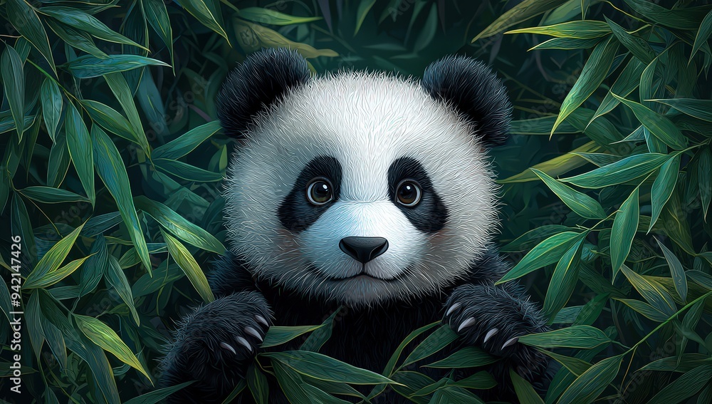 Fototapeta premium A cute panda is climbing on bamboo leaves