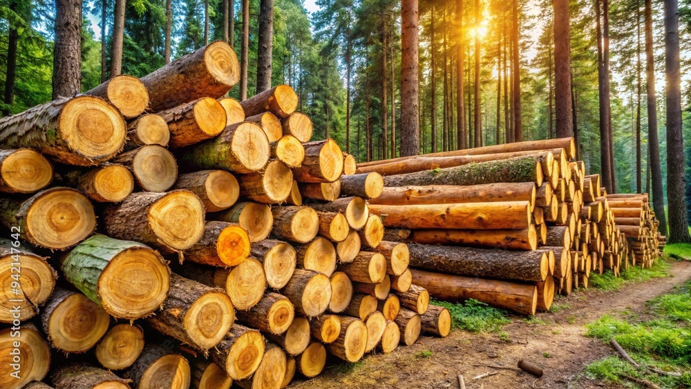 Freshly Cut Logs Stacked in Forest, Natural Wood Pile in Outdoor Setting. Freshly Cut Logs Stacked in Forest, Natural Wood Pile in Outdoor Setting.