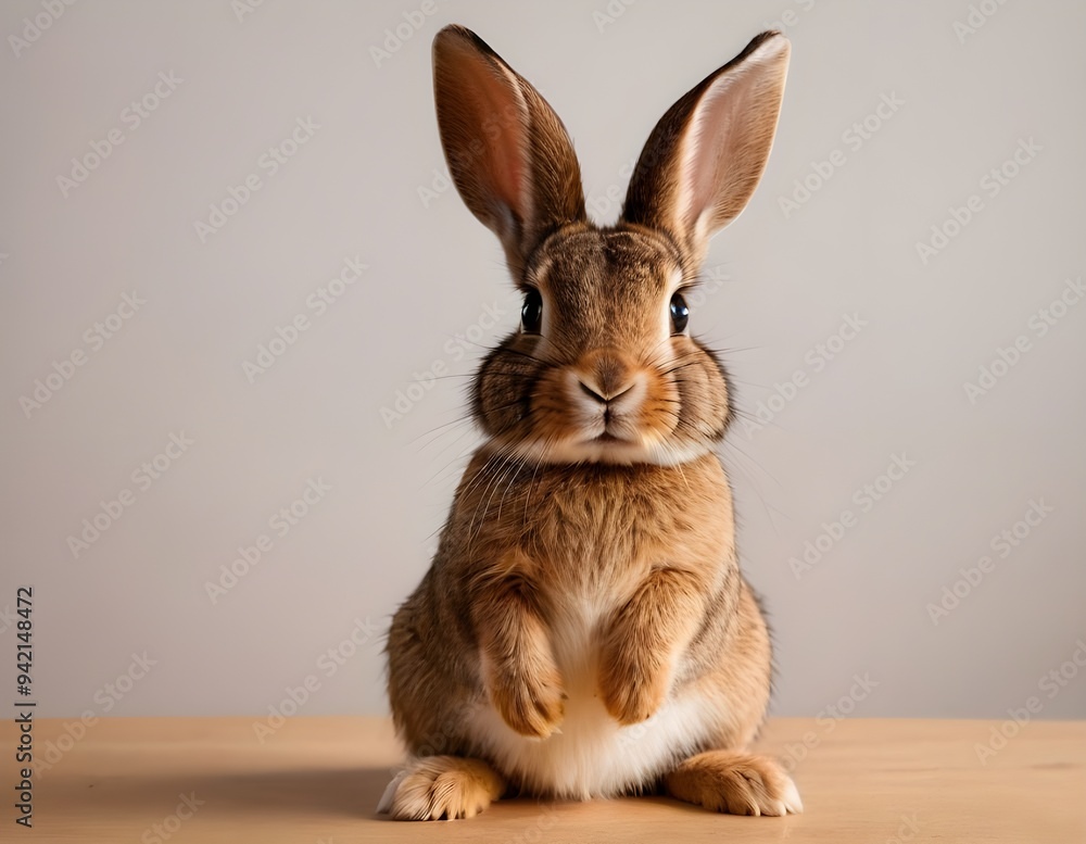 Fototapeta premium Curious rabbit sitting upright on a wooden surface against a soft beige background in indoor setting