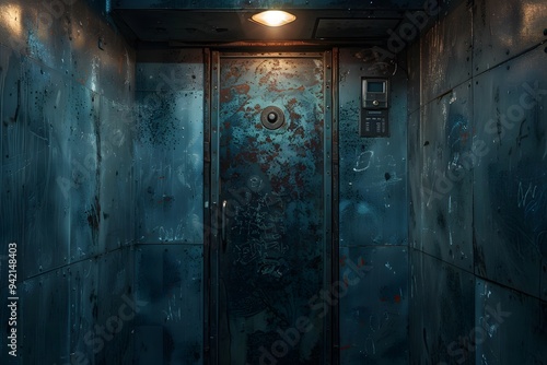 Mysterious Industrial Elevator with Rusty Door and Dim Lighting