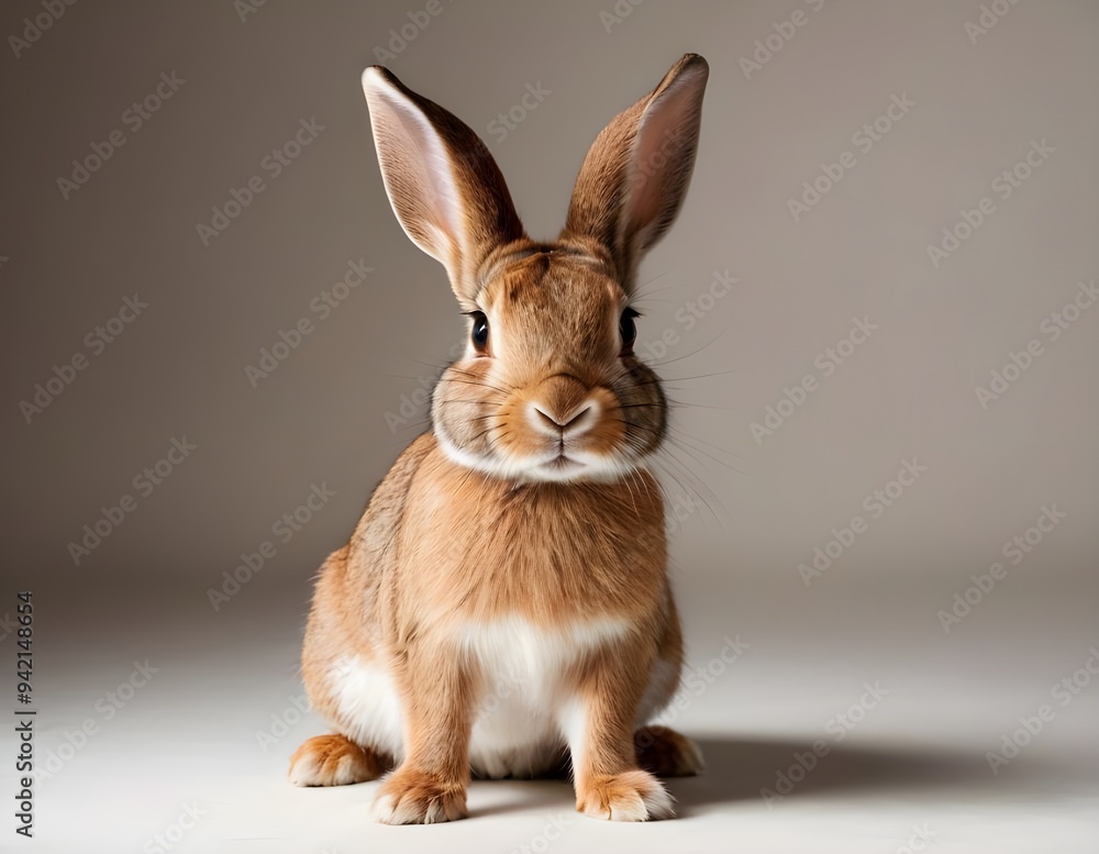 Obraz premium Curious rabbit sitting upright on a wooden surface against a soft beige background in indoor setting