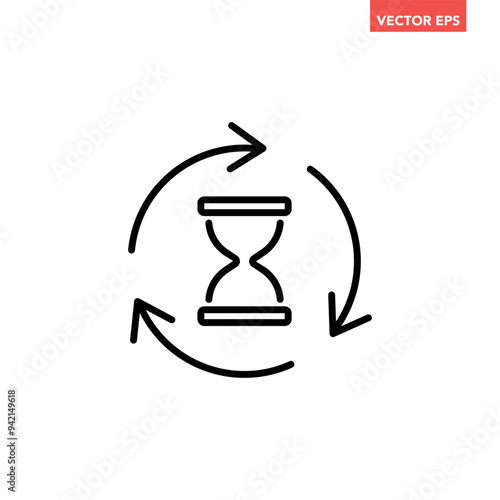 Black single anti aging hourglass line icon, simple standby waiting slow time flat design vector pictogram, infographic interface elements for app logo web button ui ux isolated on white background