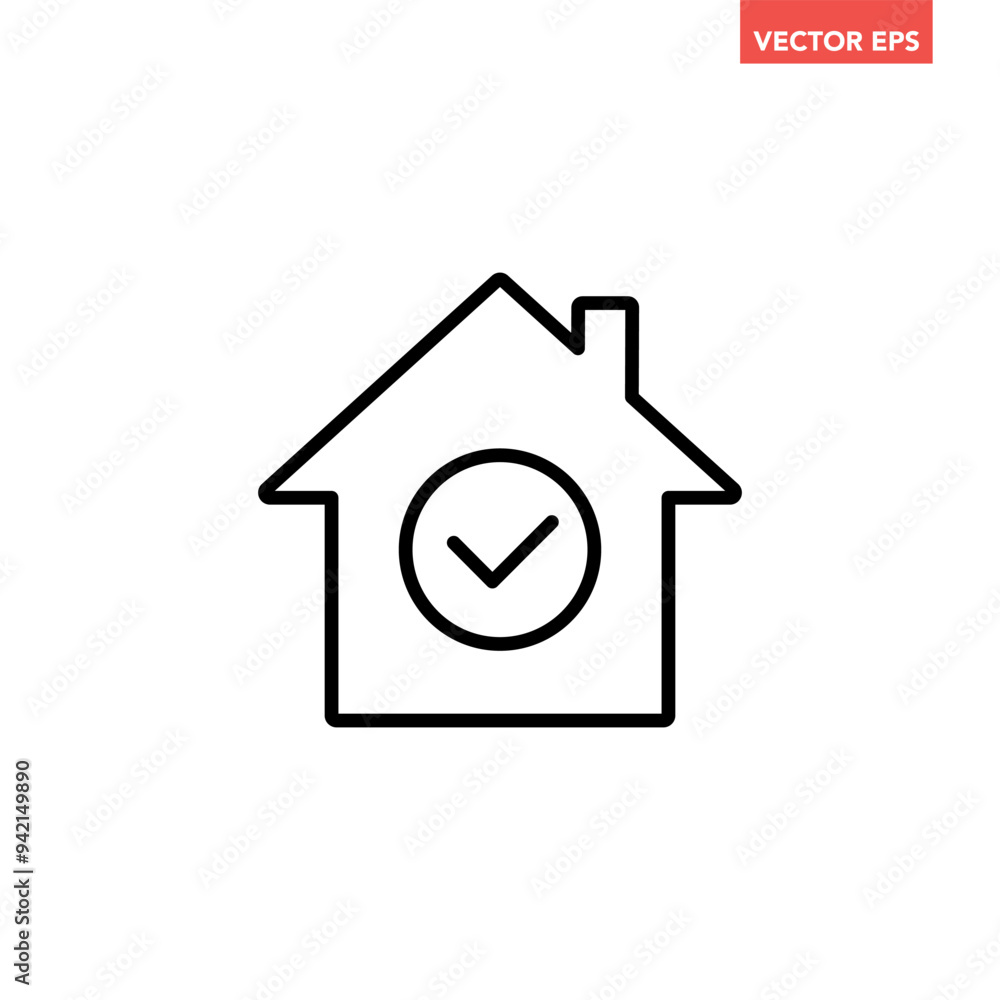 Black single mortgage approval line icon, simple house with checkmark flat design vector pictogram, infographic vector for app logo web button ui ux interface elements isolated on white background Black single mortgage approval line icon, simple house with checkmark flat design vector pictogram, infographic vector for app logo web button ui ux interface elements isolated on white background