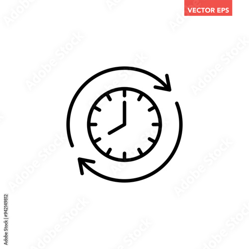 Black refresh time line icon, simple speed up hr clock with arrow flat design pictogram, infographic vector for app logo web button ui ux interface elements isolated on white background