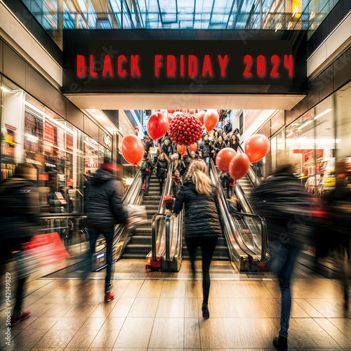 motion blur of compliers in a shopping mall with black friday sign photo