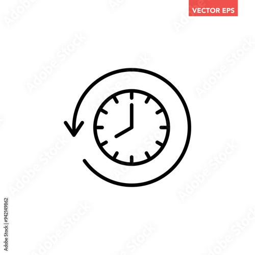 Black go back time on clock line con, simple round past time flat design vector pictogram, infographic vector for app logo web website button ui ux interface elements isolated on white background