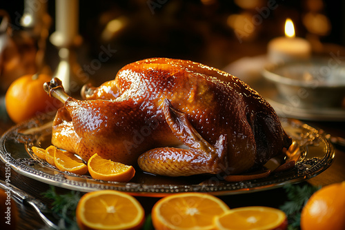 A whole roasted duck in a glossy glaze, garnished with orange slices, on an elegant platter on a holiday table with candles in the background photo