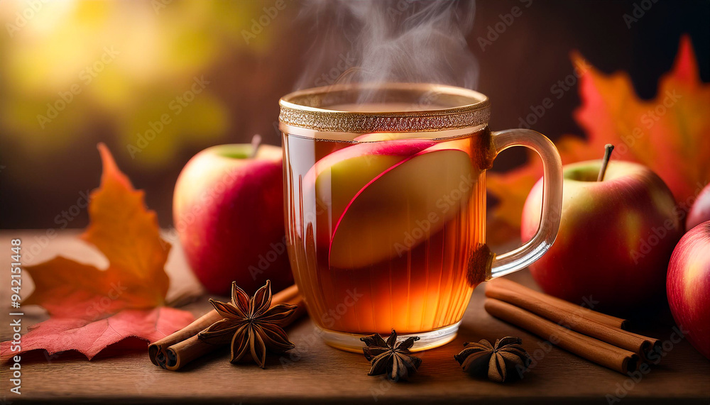 A steaming mug of hot apple cider adorned with cinnamon sticks and star anise, surrounded by fresh apples and autumn leaves, creating a warm and inviting fall atmosphere. A steaming mug of hot apple cider adorned with cinnamon sticks and star anise, surrounded by fresh apples and autumn leaves, creating a warm and inviting fall atmosphere.