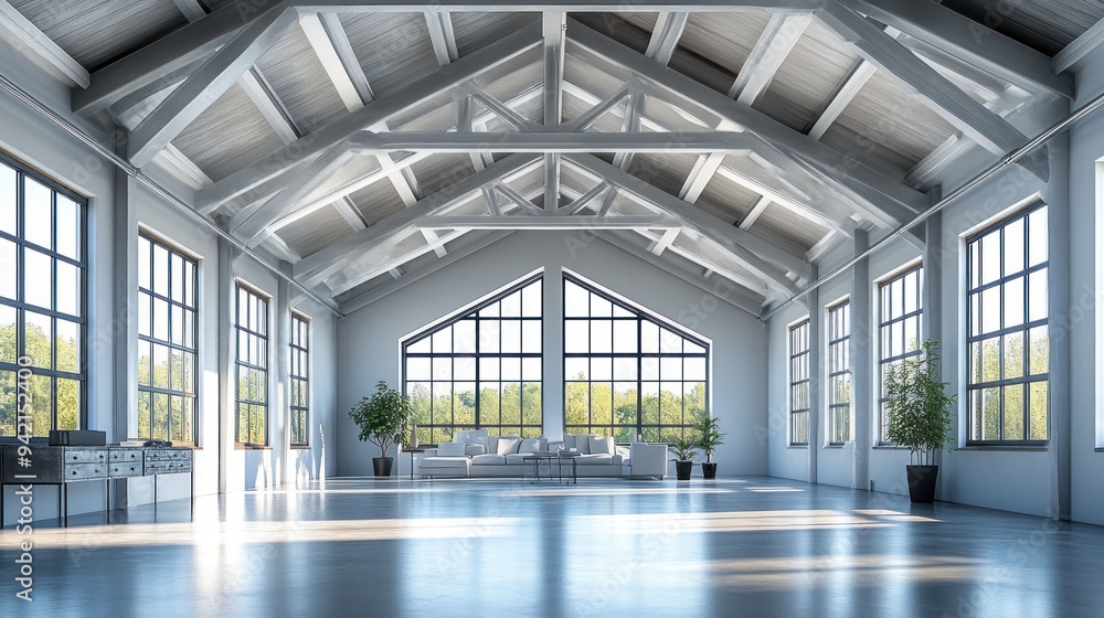 Spacious Loft Interior with Exposed Beams and Large Windows Spacious Loft Interior with Exposed Beams and Large Windows