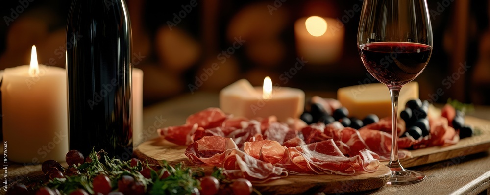 A cozy evening setting with a glass of red wine and a bottle alongside a charcuterie board featuring cured meats, grapes, and olives, perfect for relaxation or intimate gatherings. A cozy evening setting with a glass of red wine and a bottle alongside a charcuterie board featuring cured meats, grapes, and olives, perfect for relaxation or intimate gatherings.