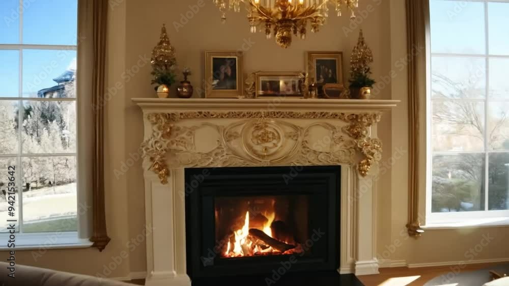 Luxurious living room warmly lit by a classic fireplace, with plush seating and a window showing a snowy landscape outside. Luxurious living room warmly lit by a classic fireplace, with plush seating and a window showing a snowy landscape outside.