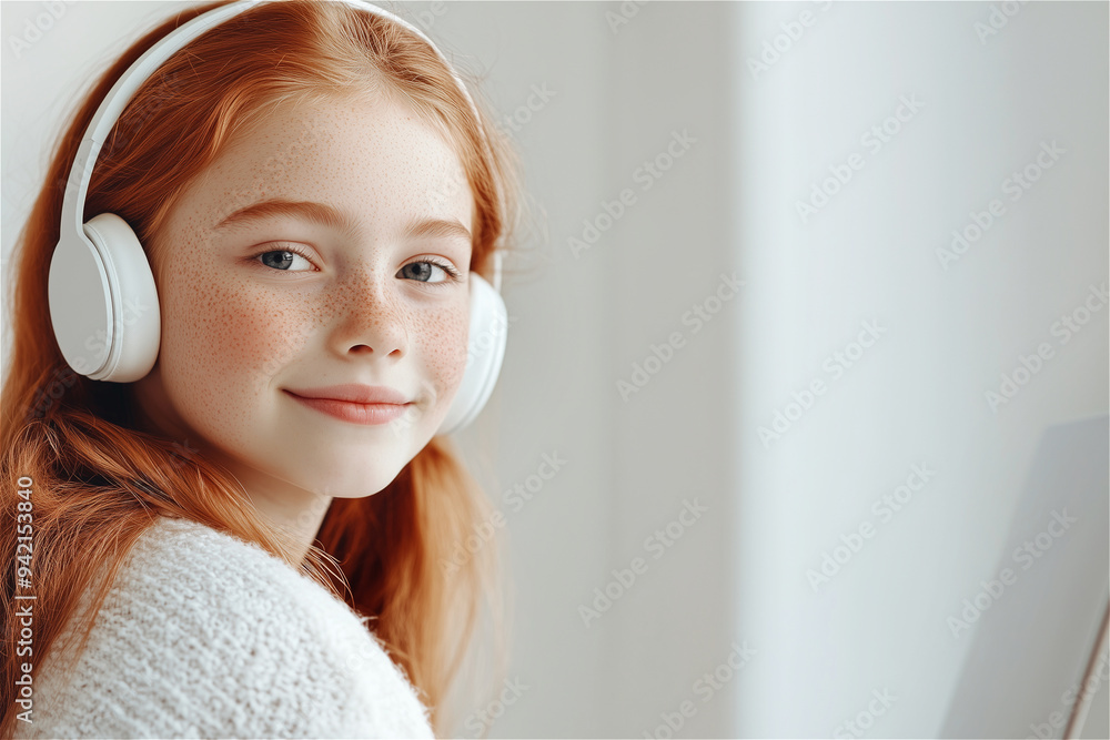 Naklejka premium Portrait of a cheerful redhead girl with freckles studying online and make homework on laptop computer at home wearing headphones.. Copy space. Distance learning concept