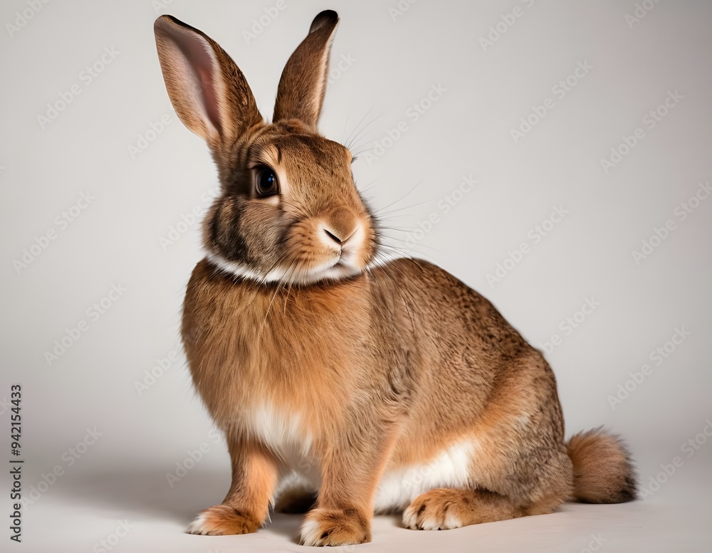 Fototapeta premium Curious rabbit sitting upright on a wooden surface against a soft beige background in indoor setting