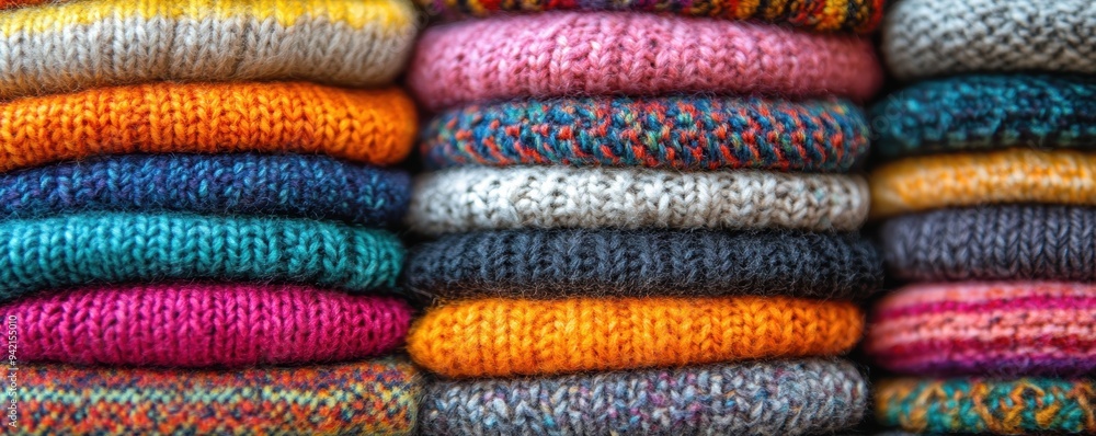 A beautifully arranged stack of colorful, cozy knitted sweaters in various vibrant patterns, showcasing the intricate craftsmanship and warm textures of handmade winter clothing A beautifully arranged stack of colorful, cozy knitted sweaters in various vibrant patterns, showcasing the intricate craftsmanship and warm textures of handmade winter clothing