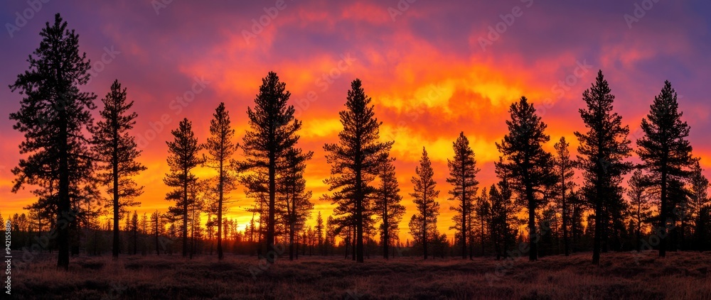 A panoramic view of the sunset over pine trees, with vibrant colors in orange and pink against the black silhouettes of the pines Generative AI A panoramic view of the sunset over pine trees, with vibrant colors in orange and pink against the black silhouettes of the pines Generative AI
