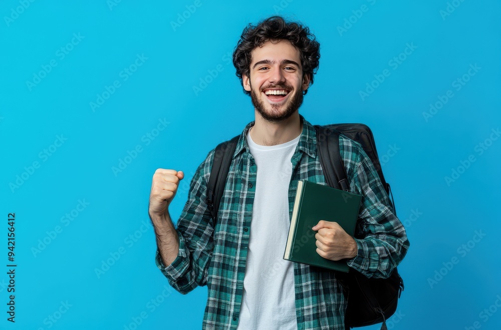 happy male student with curly hair, wearing casual and holding books happy male student with curly hair, wearing casual and holding books