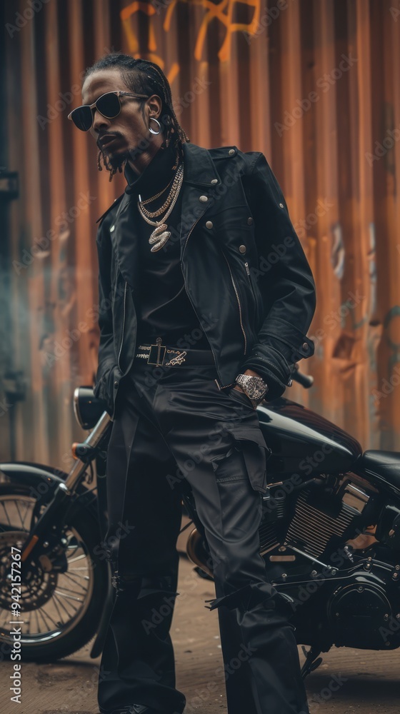 Cool Rapper in Dark Outfit Posing with Motorcycle Cool Rapper in Dark Outfit Posing with Motorcycle