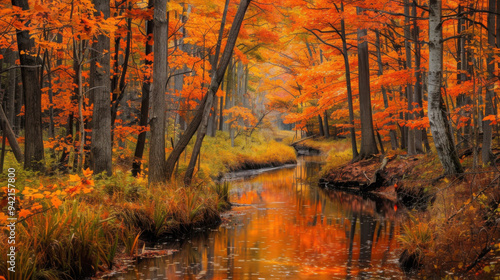 Fiery autumn colors in a New England forest, USA, with a small brook winding through 40k, full ultra HD, high resolution. photo