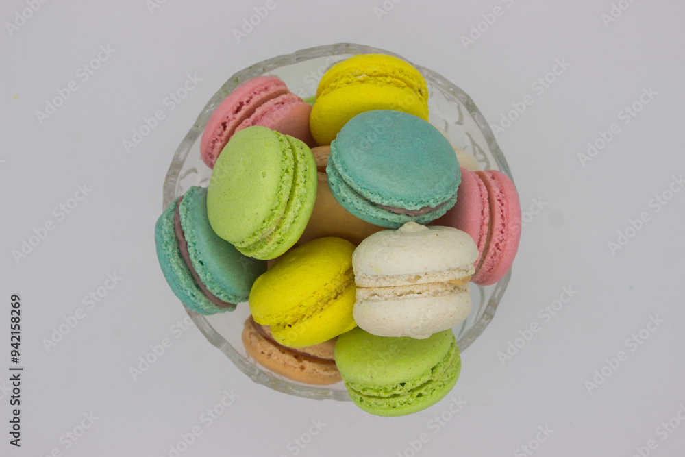 Top View of Colorful Macarons in a Glass Bowl Top View of Colorful Macarons in a Glass Bowl