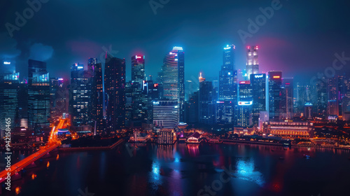 Night skyline of Singapore, with futuristic architecture and vibrant city lights 40k, full ultra HD, high resolution.