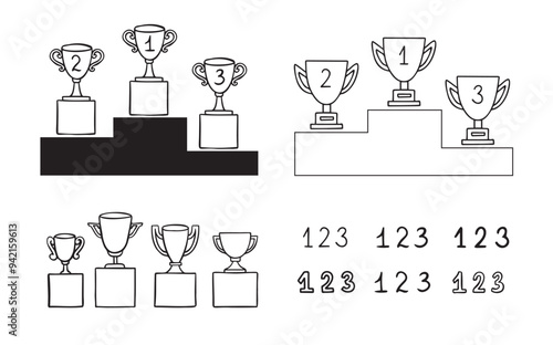 Doodle line trophy winner podium. Winners cups. Drawing icon. 1, 2, 3 place. Win hand drawn style