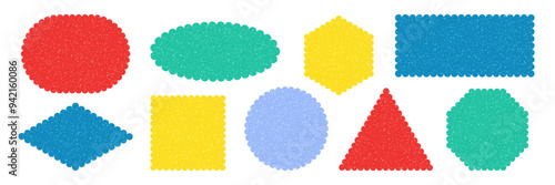 Set of playful scalloped geometric Shapes. Frames stickers with scratched grainy texture. Tag Label Stamp Text Box element. Rectangle Oval Square Triangle rhombus Border for kids Design