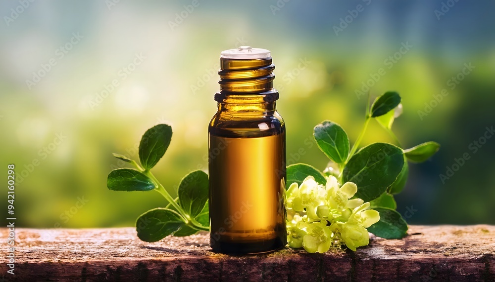 small amber bottle with petitgrain essential oil against a nature background small amber bottle with petitgrain essential oil against a nature background
