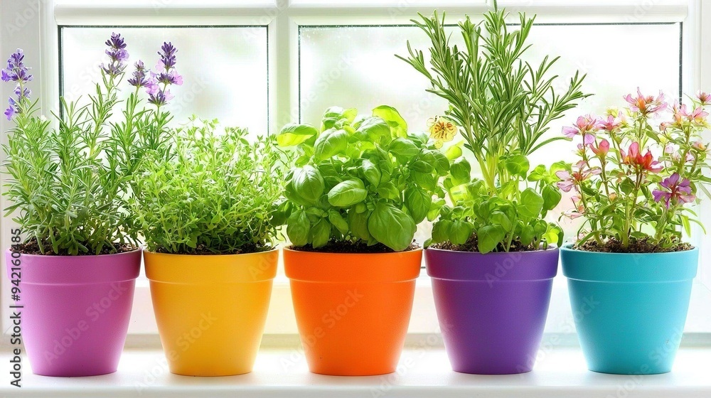 A row of potted plants sits atop a window sill, facing the window A row of potted plants sits atop a window sill, facing the window