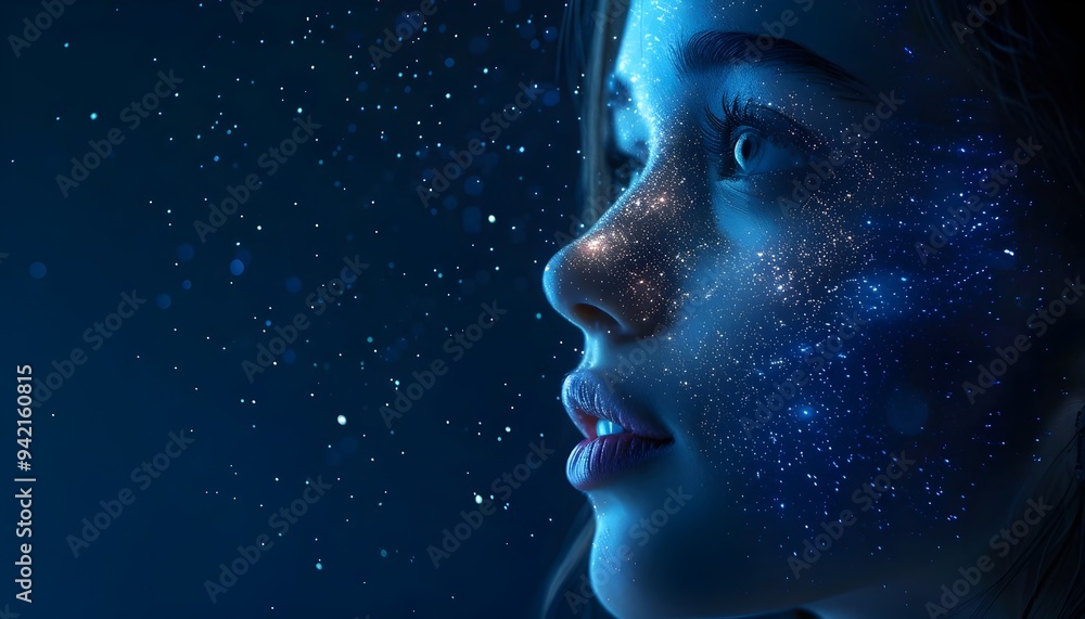 Cosmic Glow Portrait Young Woman Ethereal Stars Universe Beauty Mystical Light Emotion. AI Generated Cosmic Glow Portrait Young Woman Ethereal Stars Universe Beauty Mystical Light Emotion. AI Generated
