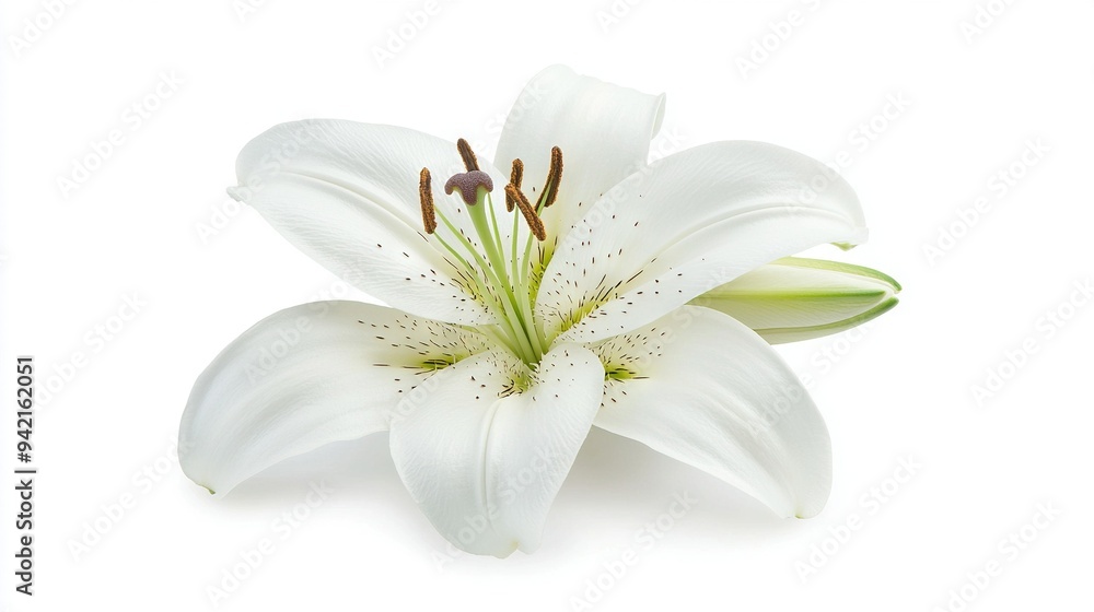 Fototapeta premium White flower on white background, close-up view Text space below image