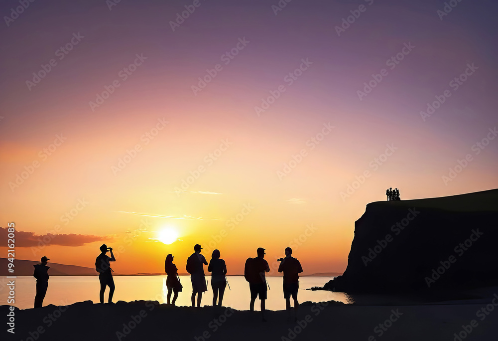 silhouettes of tourists against sunset in Europe, night landscapes, traditional scenery silhouettes of tourists against sunset in Europe, night landscapes, traditional scenery