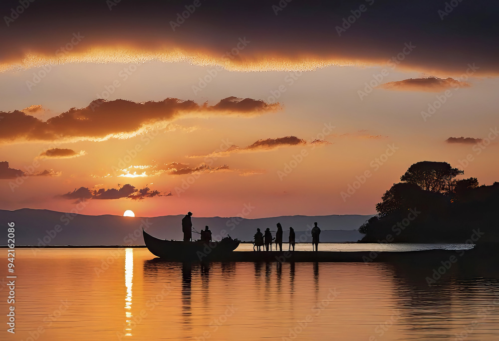 silhouettes of tourists against sunset in Europe, night landscapes, traditional scenery silhouettes of tourists against sunset in Europe, night landscapes, traditional scenery
