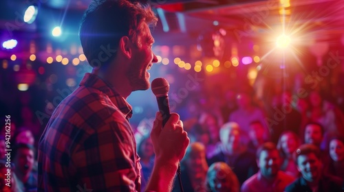 Stand-up comedian performing in front of an audience in a club. The atmosphere is reminiscent of a cozy evening in a club where people have gathered to laugh and have a good time photo