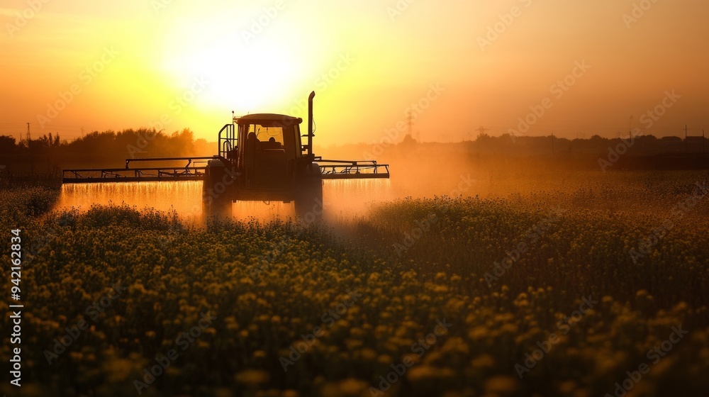 Fototapeta premium Tractor spraying a field with pesticides or fertilizer, agriculture background concept, 16:9