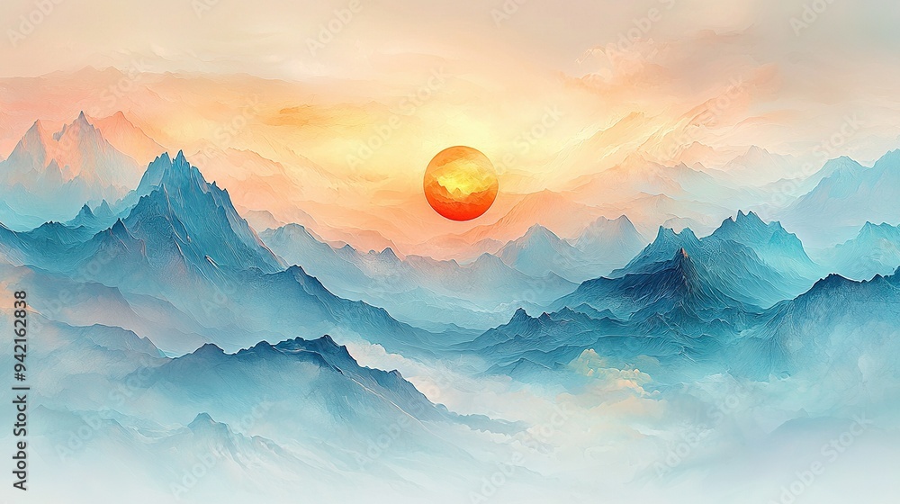 Fototapeta premium A dual sun painting of a mountain range