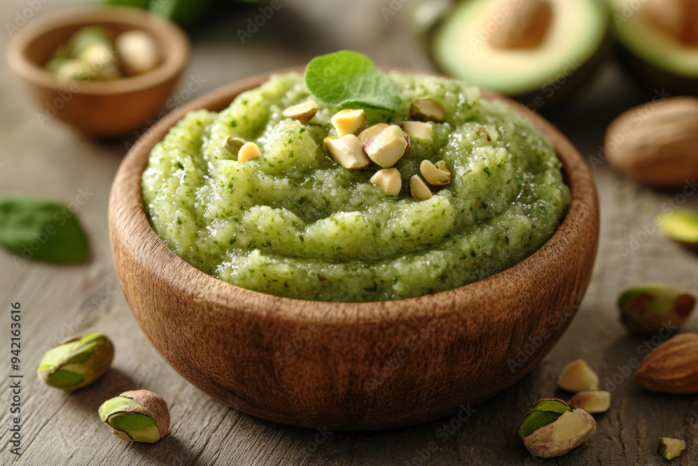 A bowl of green food with nuts and seeds on top A bowl of green food with nuts and seeds on top