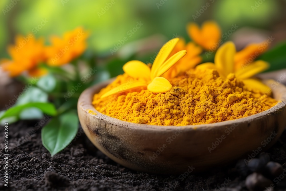 Turmeric Powder in Wooden Bowl with Fresh Flowers and Leaves Turmeric Powder in Wooden Bowl with Fresh Flowers and Leaves