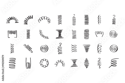 Drawing spiral set. Hand drawn Metal coil spiral icons. Doodle flexible coils, wire spring symbols 
