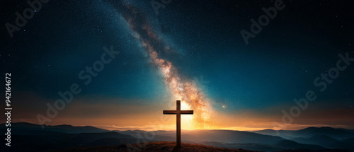 A cross is standing in the middle of a starry sky